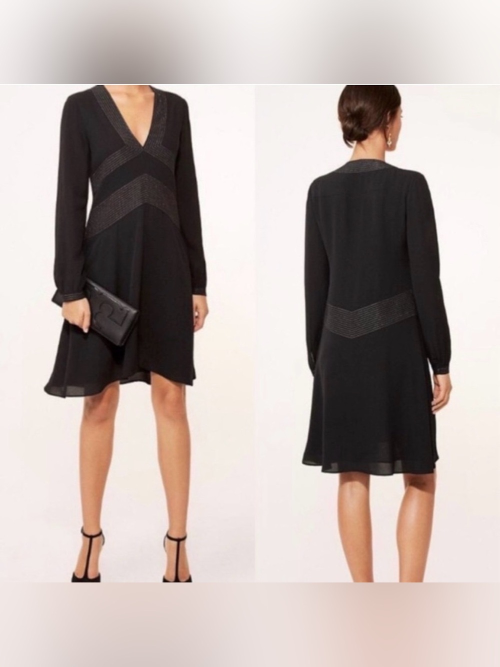 Tory Burch Classic 100% Silk Black Long-Sleeve V-neck Dress - Size 4